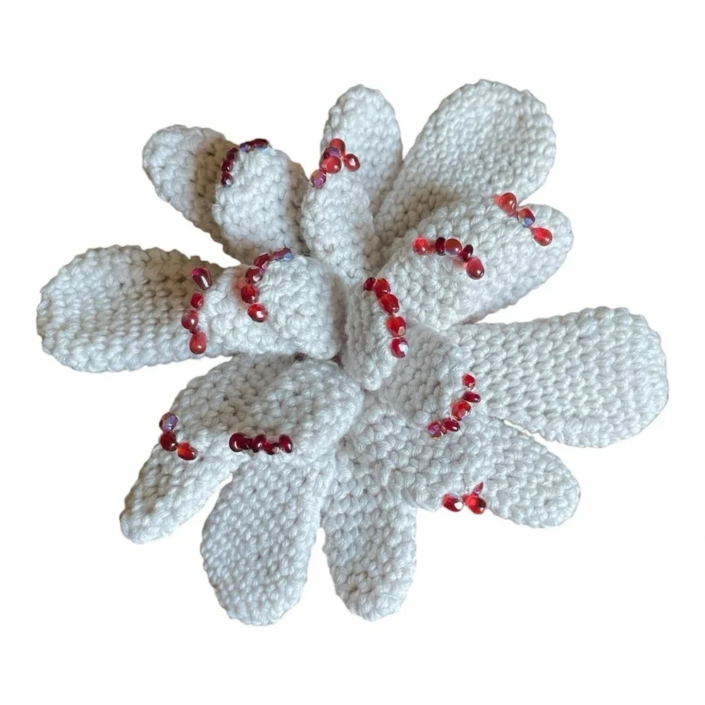 Handmade Succulent with Red Beads Crochet Blooming Cactus Cream Office Decor